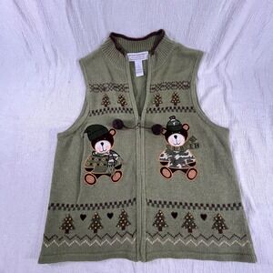 Heirloom Collectibles Christmas‎ Sweater Camo Womens XL Green Bear Tree Zip Vest